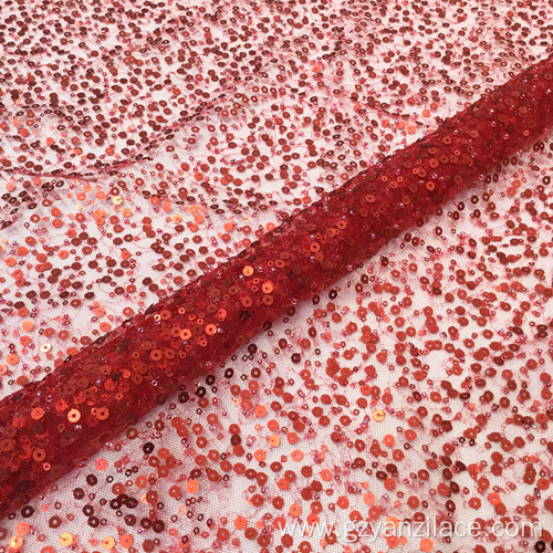 Shiny Red Sequin Lace Embroidery Fabric